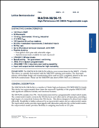 MACH4-96/96-15YC datasheet: Hig-performance EE CMOS programmable logic, 96 macrocells, 96 flip-flops, 102 inputs with pull-up resistors, 15ns MACH4-96/96-15YC