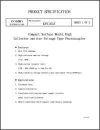 KPC452 datasheet: Compact surface mount, high collector emitter voltage type photocoupler, isolation 3750V, CTR min 1000% KPC452