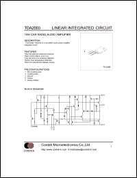 TDA2003 datasheet: 10W car radio audio amplifier. Supply voltage Vs: 8V,min; 18V,max . High current output (up to 3 A). TDA2003