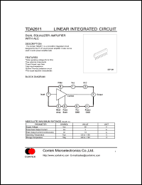 TDA2611 datasheet: Dual equalizer amplifier with ALC. Operating voltage Vcc: 6V to 35V . Quiescent circuit current Icc 25mA,typ. TDA2611