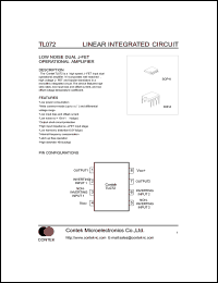 TL072C datasheet: Low noise dual J-fet operational amplifier. Supply voltage Vcc: +-18V,max. Input voltage Vi: +-15V,max. TL072C