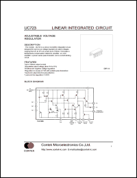 UC723 datasheet: Adjustable voltage regulator.  Up to 150mA output current. Adjustable output voltage (from 2V to 37V). UC723