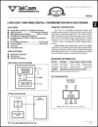 TC12CVCT datasheet: Low cost, one wire digital thermometer with shutdown. Complimentary outputs. TC12CVCT