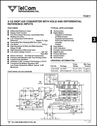 TC811CKW datasheet: 3-1/2 digit A/D converter with hold and differential reference inputs. Max Vref tempco 75 ppm/degC. TC811CKW