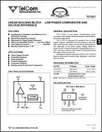 TC1031CCT datasheet: Linear building block - quad low power comparator and voltage reference. TC1031CCT