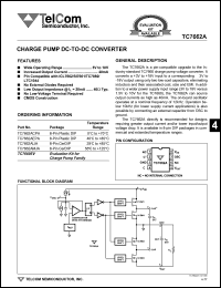 TC7662AEPA datasheet: Charge pump DC-to-DC converter. Wide operating range 3V to 18V. Low output impedance @ IL = 20mA ....40 Ohm typ. TC7662AEPA