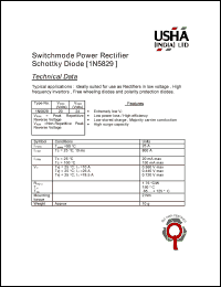 1N5829 datasheet: Switchmode power rectifier schottky diode. Ideally suited for use as rectifiers in low voltage. High frequency invertors. Free wheeling diodes and polarity protection diodes. Vrrm = 20V. Vrsm = 24V. 1N5829