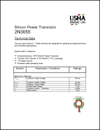 2N3055 datasheet: NPN silicon power transistor. 15Amp, 60V, 115Watt.  These devices are designed for general purpose switching and amplifier applications. 2N3055