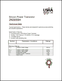 2N3055H datasheet: NPN silicon power transistor. 15Amp, 100V, 115Watt. These devices are designed for general purpose switching and amplifier applications. 2N3055H