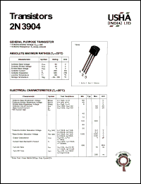 2N3904 datasheet: General purpose transistor. Collector-emitter voltage: Vceo = 40V. Collector-base voltage:  Vcbo = 60V. Collector dissipation: Pc(max) = 625mW. 2N3904