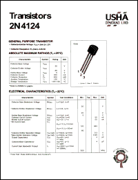 2N4124 datasheet: General purpose transistor. Collector-emitter voltage: Vceo = 25V. Collector-base voltage: Vcbo = 30V. Collector dissipation: Pc(max) = 625mW. 2N4124