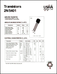 2N5401 datasheet: Amplifier transistor. Collector-emitter voltage: Vceo = -150V. Collector-base voltage: Vcbo = -160V. Collector dissipation: Pc(max) = 625mW. 2N5401