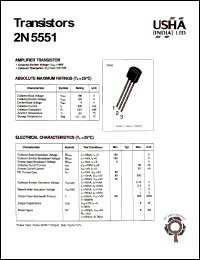 2N5551 datasheet: Amplifier transistor. Collector-emitter voltage: Vceo = 160V. Collector-base voltage: Vcbo = 180V. Collector dissipation: Pc(max) = 625mW. 2N5551