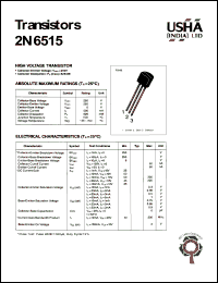 2N6515 datasheet: High voltage transistor. Collector-emitter voltage: Vceo = 250V. Collector-base voltage: Vcbo = 250V. Collector dissipation: Pc(max) = 625mW. 2N6515