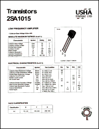 2SA1015 datasheet: Low frequency amplifier. Collector-base voltage: Vcbo = -50V. Collector-emitter voltage: Vceo = -50V. Emitter-base voltage Vebo = -5V.Collector dissipation: Pc(max) = 400mW. 2SA1015