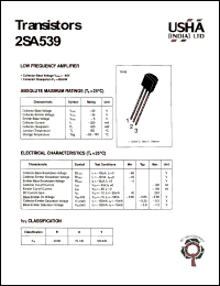 2SA539 datasheet: Low frequency amplifier. Collector-base voltage: Vcbo = -60V. Collector-emitter voltage: Vceo = -45V. Emitter-base voltage Vebo = -5V. Collector dissipation: Pc(max) = 400mW. 2SA539