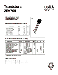 2SA709 datasheet: High voltage amplifier. Collector-base voltage: Vcbo = -160V. Collector-emitter voltage: Vceo = -150V. Emitter-base voltage Vebo = -8V. Collector dissipation: Pc(max) = 800mW. 2SA709