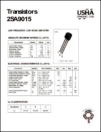 2SA9015 datasheet: Low frequency, low noise amplifier. Collector-base voltage: Vcbo = -50V. Collector-emitter voltage: Vceo = -45V. Emitter-base voltage Vebo = -5V. Collector dissipation: Pc(max) = 450mW. Collector current Ic = -100mA. 2SA9015