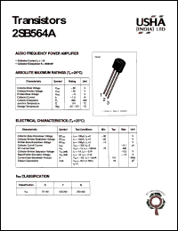 2SB564A datasheet: Audio frequency power amplifier. Collector-base voltage Vcbo = -30V. Collector-emitter voltage Vceo = -25V. Emitter-base voltage Vebo = -5V. Collector dissipation Pc(max) = 800mW. Collector current Ic = -1.0A. 2SB564A