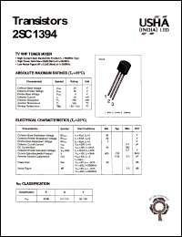 2SC1394 datasheet: TV VHF tuner mixer. Collector-base voltage Vcbo = 30V. Collector-emitter voltage Vceo = 30V. Emitter-base voltage Vebo = 4V. Collector dissipation Pc(max) = 250mW. Collector current Ic = 20mA. 2SC1394