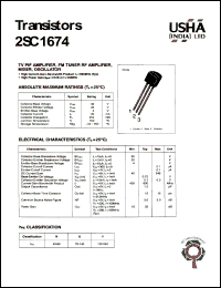 2SC1674 datasheet: TV PIF amplifier, FM tuner RF amplifier, mixer, occillator. Collector-base voltage Vcbo = 30V. Collector-emitter voltage Vceo = 20V. Emitter-base voltage Vebo = 4V. Collector dissipation Pc(max) = 250mW. Collector current Ic = 20mA. 2SC1674