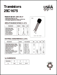 2SC1675 datasheet: FM/AM RF amplifier, mixer, converter, oscillator,IF. Collector-base voltage Vcbo = 50V. Collector-emitter voltage Vceo = 30V. Emitter-base voltage Vebo = 5V. Collector dissipation Pc(max) = 250mW. Collector current Ic = 50mA. 2SC1675