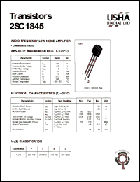 2SC1845 datasheet: Audio frequency low noise amplifier. Collector-base voltage Vcbo = 120V. Collector-emitter voltage Vceo = 120V. Emitter-base voltage Vebo = 5V. Collector dissipation Pc(max) = 500mW. Collector current Ic = 50mA. 2SC1845