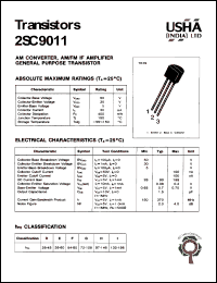 2SC9011 datasheet: Transistor. AM converter, AM/FM IF amplifier general purpose transistor. Collector-base voltage Vcbo = 60V. Collector-emitter voltage Vceo = 30V. Emitter-base voltage Vebo = 5V. Collector dissipation Pc(max) = 400mW. Collector current Ic = 30mA. 2SC9011