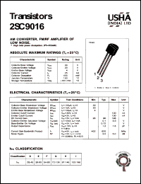 2SC9016 datasheet: Transistor. AM converter, FM/RF amplifier of low noise. Collector-base voltage Vcbo = 30V. Collector-emitter voltage Vceo = 20V. Emitter-base voltage Vebo = 4V. Collector dissipation Pc(max) = 400mW. Collector current Ic = 25mA. 2SC9016