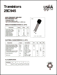 2SC945 datasheet: Transistor. Audio frequency amplifier high frequency osc. Collector-base voltage Vcbo = 60V. Collector-emitter voltage Vceo = 50V. Emitter-base voltage Vebo = 5V. Collector dissipation Pc(max) = 250mW. Collector current Ic = 150mA. 2SC945