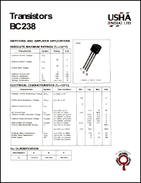 BC238 datasheet: Transistor. Switching and amplifier applications. Collector-base voltage Vcbo = 30V. Collector-emitter voltage Vceo = 25V. Emitter-base voltage Vebo = 6V. Collector dissipation Pc(max) = 500mW. Collector current Ic = 100mA. BC238