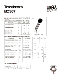 BC307 datasheet: Transistor. Switching and amplifier applications. Collector-base voltage Vcbo = -50V. Collector-emitter voltage Vceo = -45V. Emitter-base voltage Vebo = -5V. Collector dissipation Pc(max) = 500mW. Collector current Ic = -100mA. BC307