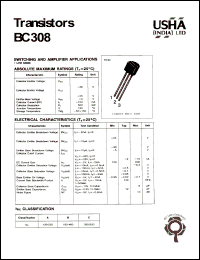 BC308 datasheet: Transistor. Switching and amplifier applications. Collector-base voltage Vcbo = -30V. Collector-emitter voltage Vceo = -25V. Emitter-base voltage Vebo = -5V. Collector dissipation Pc(max) = 500mW. Collector current Ic = -100mA. BC308
