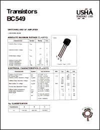BC549 datasheet: Transistor. Switching and AF ampplifier. Low noise. Vcbo = 30V, Vceo= 30V, Vebo = 5V, Pc = 500mW, Ic = 100mA. BC549