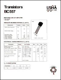 BC557 datasheet: Transistor. Switching and AF amplifier. High voltage. Low noise. Vcbo = -50V, Vceo= -45V, Vebo = -5V, Pc = 500mW, Ic = -100mA. BC557