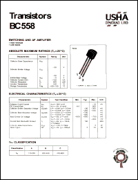 BC558 datasheet: Transistor. Switching and AF amplifier. High voltage. Low noise. Vcbo = -30V, Vceo= -30V, Vebo = -5V, Pc = 500mW, Ic = -100mA. BC558