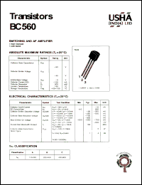 BC560 datasheet: Transistor. Switching and AF amplifier. High voltage. Low noise. Vcbo = -50V, Vceo= -45V, Vebo = -5V, Pc = 500mW, Ic = -100mA. BC560