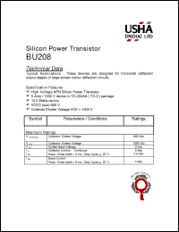 BU208 datasheet: NPN silicon power transistor. Horizontal deflection output stages of large screen colour deflection circuits. 5Amp, 1300V, 12.5Watt. BU208