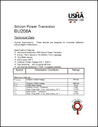 BU208A datasheet: NPN silicon power transistor. Horizontal deflection output stages of televisions. 5Amp, 700V, 12.5Watt. BU208A