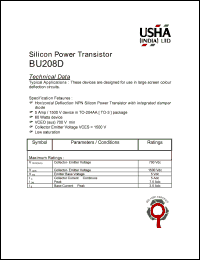 BU208D datasheet: NPN silicon power transistor with integrated damper diode. Use in large screen colour deflection circuits. 5Amp, 1500V, 60Watt. BU208D