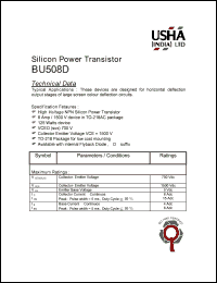 BU508D datasheet: NPN silicon power transistor. Horizontal deflection output stages of large screen colour deflection circuits. 8Amp, 1500V, 125Watt. BU508D