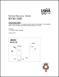 BY30-1000 datasheet: Normal recovery diode. All purpose mean power rectifier diodes, free wheeling diode, non controllable and half controllable rectifiers, UPS etc. Ifav = 30A, Vrrm = 1000V. BY30-1000