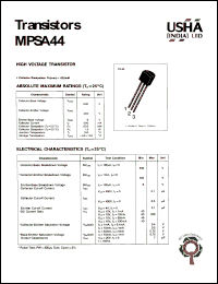 MPSA44 datasheet: High voltage transistor. Vcbo = 500V, Vceo = 400V, Vebo = 6V, Ic = 300mA, Pc = 625mW. MPSA44