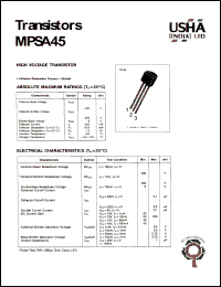MPSA45 datasheet: High voltage transistor. Vcbo = 400V, Vceo = 350V, Vebo = 6V, Ic = 300mA, Pc = 625mW. MPSA45