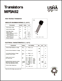 MPSA92 datasheet: High voltage transistor. Vcbo = -300V, Vceo = -300V, Vebo = -5V, Ic = -500mA, Pc = 625mW. MPSA92