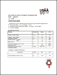 2N6107 datasheet: PNP silicon plastic power transistor. Designed for use in general-purpose switching and amplifier applications. Vceo = 70Vdc, Vcb = 80Vdc, Veb = 5Vdc  Ic = 7Adc, PD = 40W. 2N6107