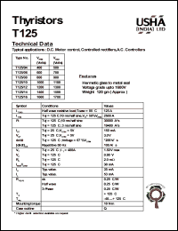 T125/16 datasheet: Thyristor. D.C. motor control, controlled rectifiers, A.C. controllers. Vrrm = 1600V, Vrsm = 1700V. T125/16
