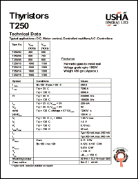 T250/04 datasheet: Thyristor. D.C. motor control, controlled rectifiers, A.C. controllers. Vrrm = 400V, Vrsm = 500V. T250/04