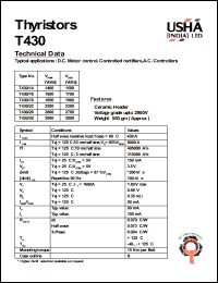 T430/18 datasheet: Thyristor. D.C. motor control, controlled rectifiers, A.C. controllers. Vrrm = 1800V, Vrsm = 1900V. T430/18