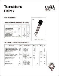 USP17 datasheet: CATV Transistor. Vcbo = 20V, Vceo = 15V, Vebo = 3.0V Pc = 625mW USP17